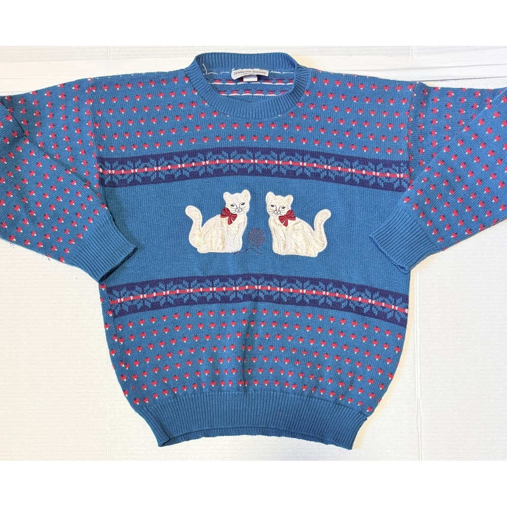 JENNIFER ADAMS - Women's VTG Sweater - Cat Heart Fair Isle Knit USA Made -Medium